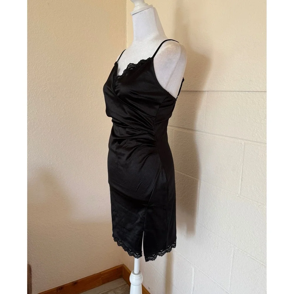 4 Hearts Slip Dress Womens M Black Lace Trim Mini Ruched Satin Cocktail Glam - Picture 3 of 11